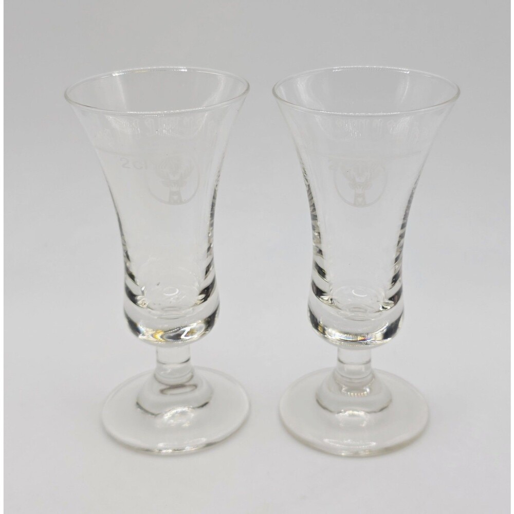 Vintage 2 Jagermeister Shot Glasses Footed Fluted Stemmed 2 clear glasses